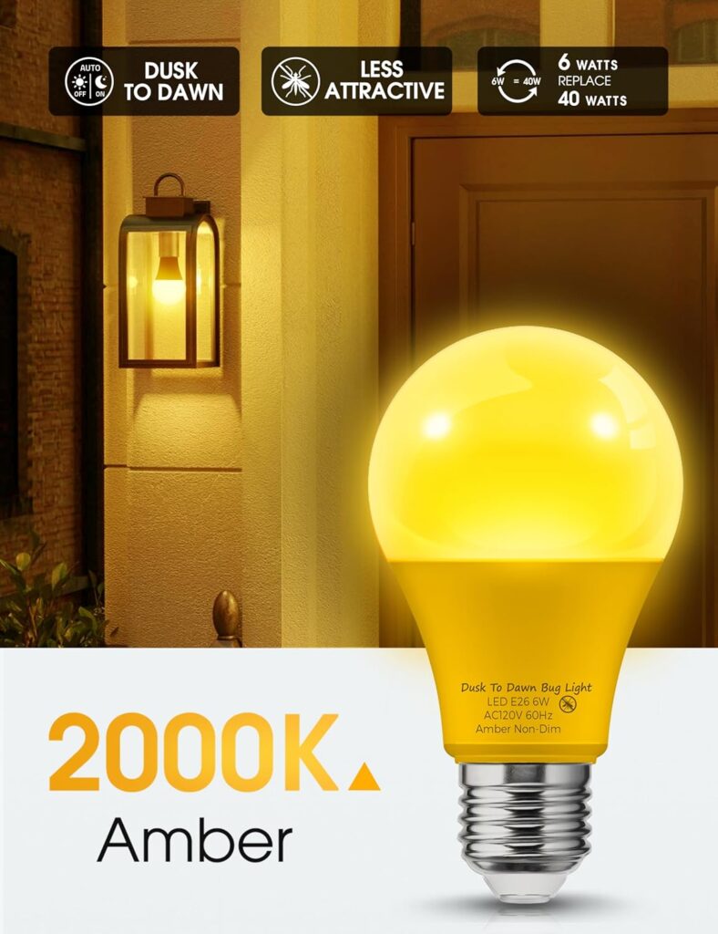 LOHAS amber LED bug light bulb with 2000K color temperature and automatic dusk to dawn sensor for outdoor use