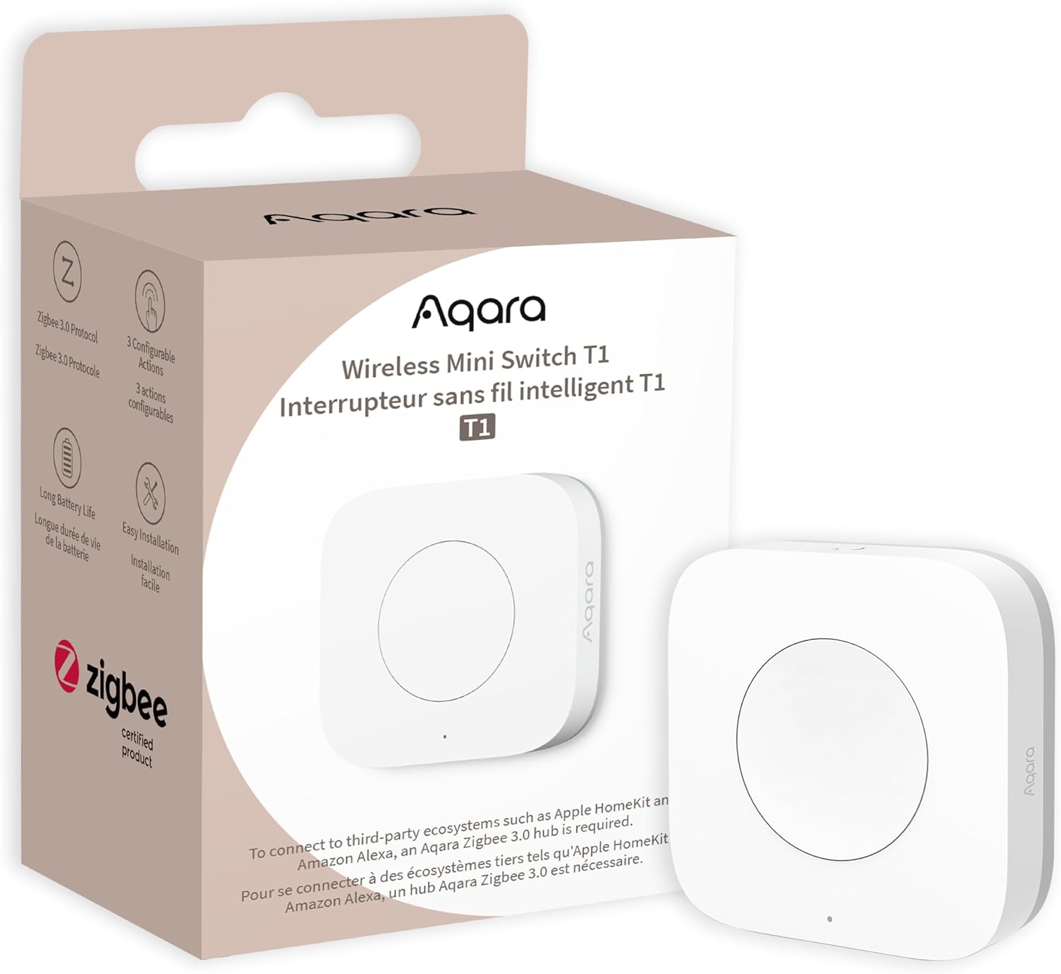 Aqara Zigbee wireless mini switch T1 in white with packaging showing versatile smart home control button