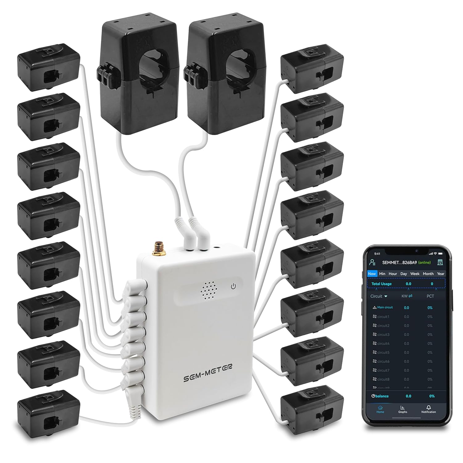 Smart home energy monitor with 16 circuit sensors and smartphone app showing real-time power usage data