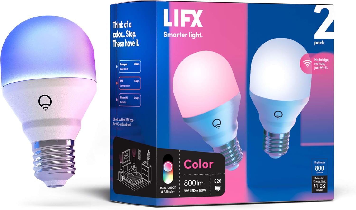 LIFX Color smart bulb 2-pack showing colorful gradient lighting effects for smart home automation