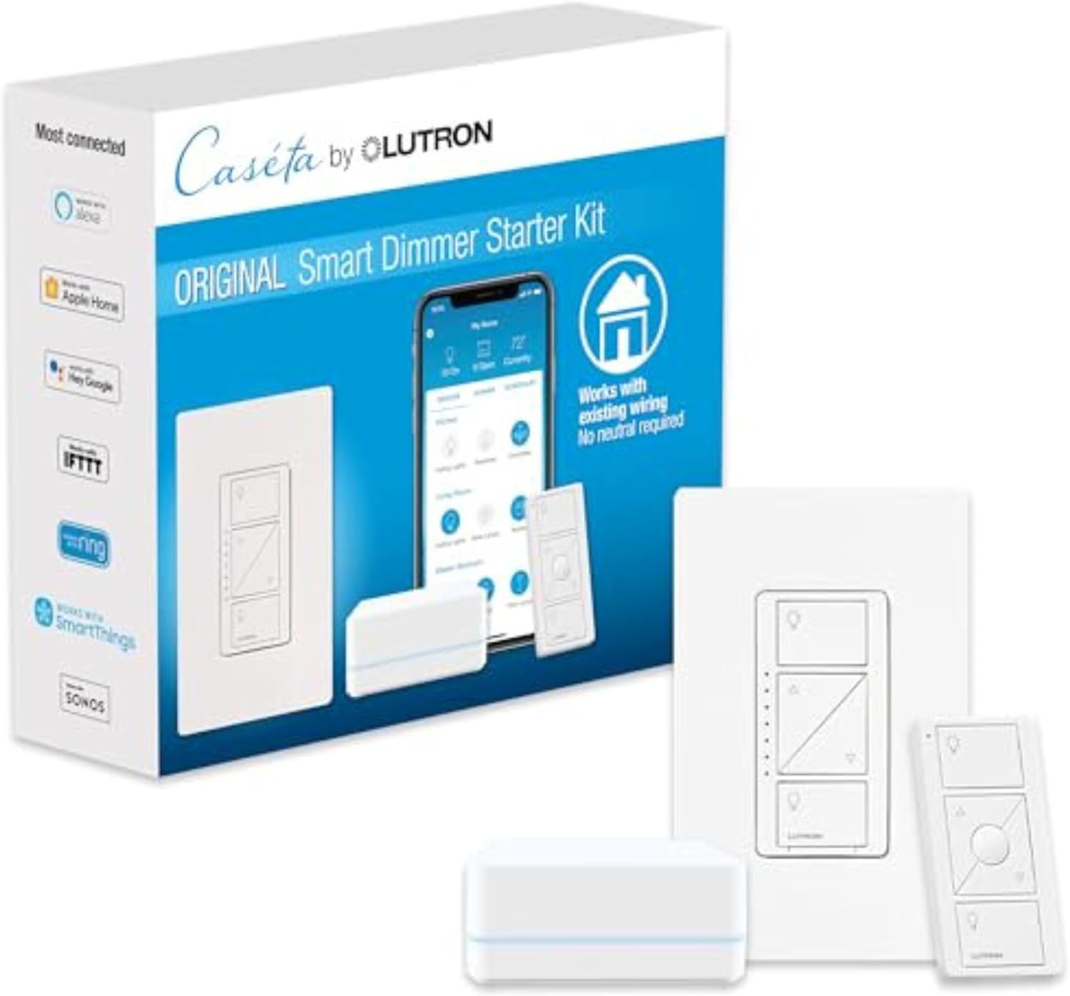 Lutron Caseta smart dimmer starter kit with wall switch, Pico remote, hub and smartphone app control