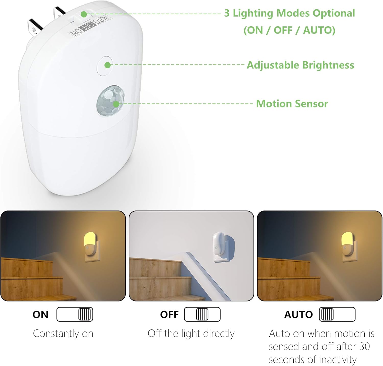 MAZ-TEK plug-in motion sensor night light with adjustable brightness settings and motion detection features