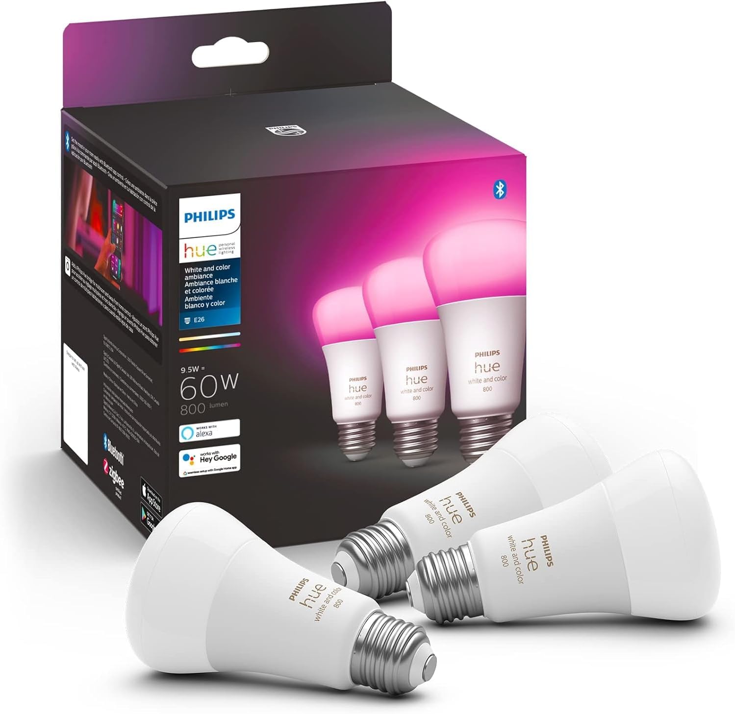 Philips Hue color and white ambiance smart bulb with packaging showing colorful lighting effects
