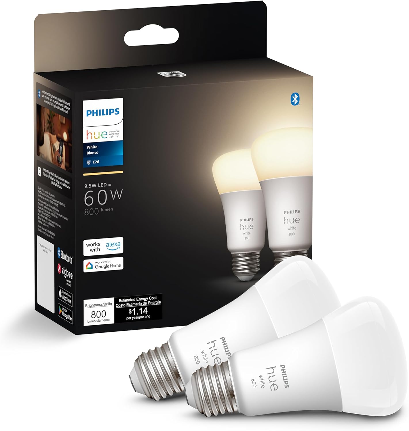 Philips Hue smart white LED bulbs 2-pack with warm white lighting for smart home automation