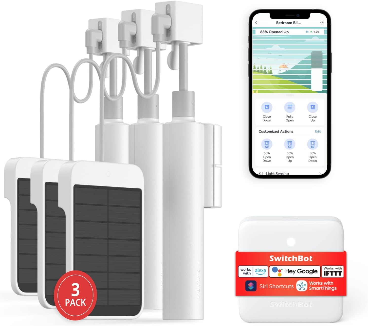 SwitchBot motorized blind kit 3-pack with solar panels and smartphone app control for smart home automation