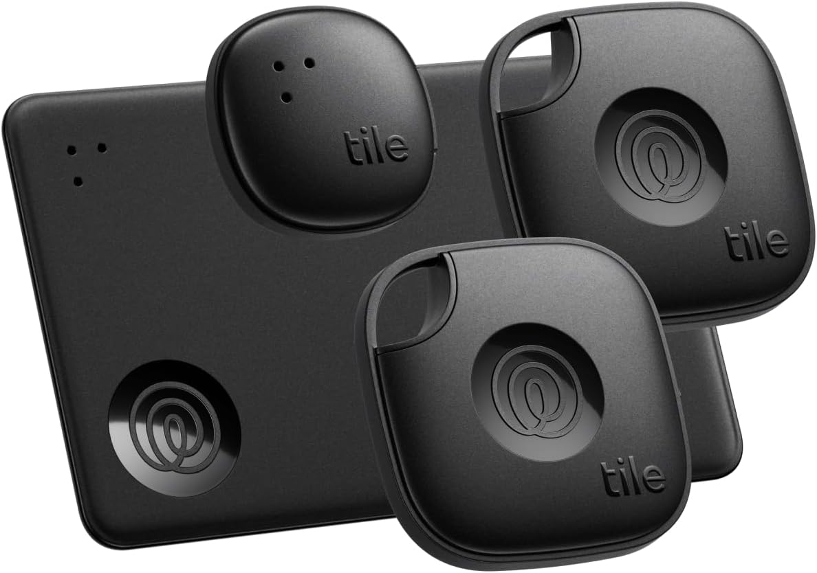 Tile Bluetooth tracker 4-pack in black for finding keys, wallets, and personal items