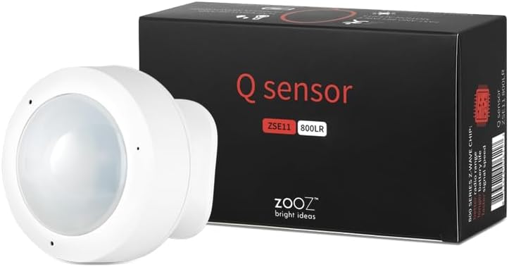 Zooz Z-Wave Q sensor in white housing with packaging showing motion, temperature, humidity and light detection capabilities