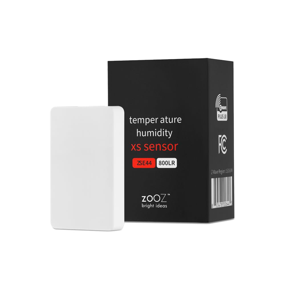 Zooz Z-Wave temperature and humidity sensor XS with black packaging showing compact white device