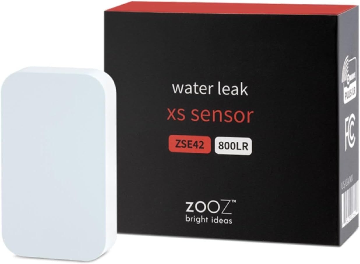 Zooz Z-Wave water leak sensor with black packaging showing white compact sensor for flood detection